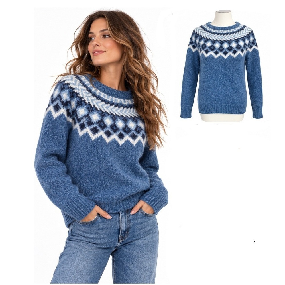 LL Bean Fair Isle Sweater Blue 100% Lambswool Nordic Scandi Preppy Women Size M